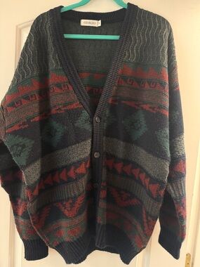 Button-Front Geometric Cardigan Sweater - Navy/Forest Green/Rust
